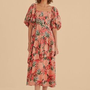 Farm Rio Red Pineapple Bloom Cut Out Midi Dress Size Medium